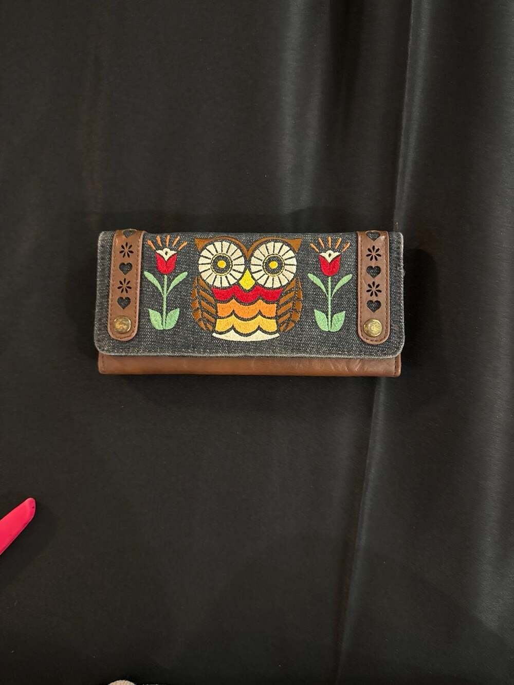 Loungefly Embroidered Owl Denim & PU Leather Checkbook Wallet